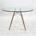 Round glass top wooden base dining table for sale